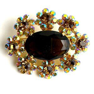 Vintage Black Center Mixed Rhinestones Brooch Pin Button